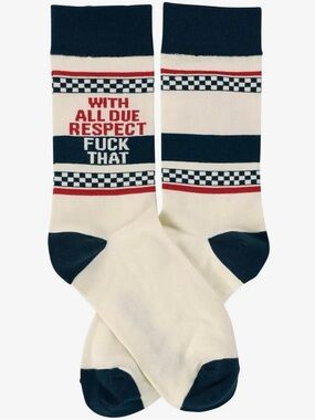 Crew Socks with Graphic Text and Checker Stripe - Cream/Navy/Red